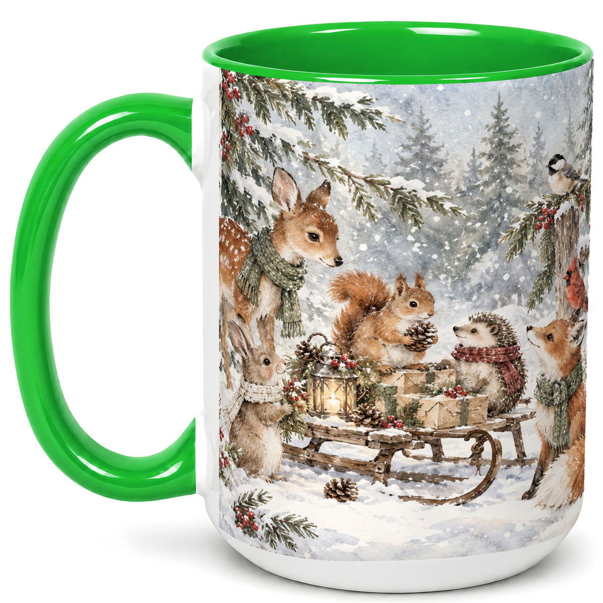 #pl[15oz|Green] Woodland Winter Coffee Mug, Forest Animals Mug, Ceramic Cup