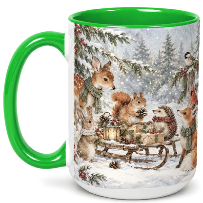 #pl[15oz|Green] Woodland Winter Coffee Mug, Forest Animals Mug, Ceramic Cup