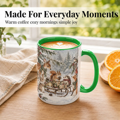 #pl[15oz|Green] Woodland Winter Coffee Mug, Forest Animals Mug, Ceramic Cup