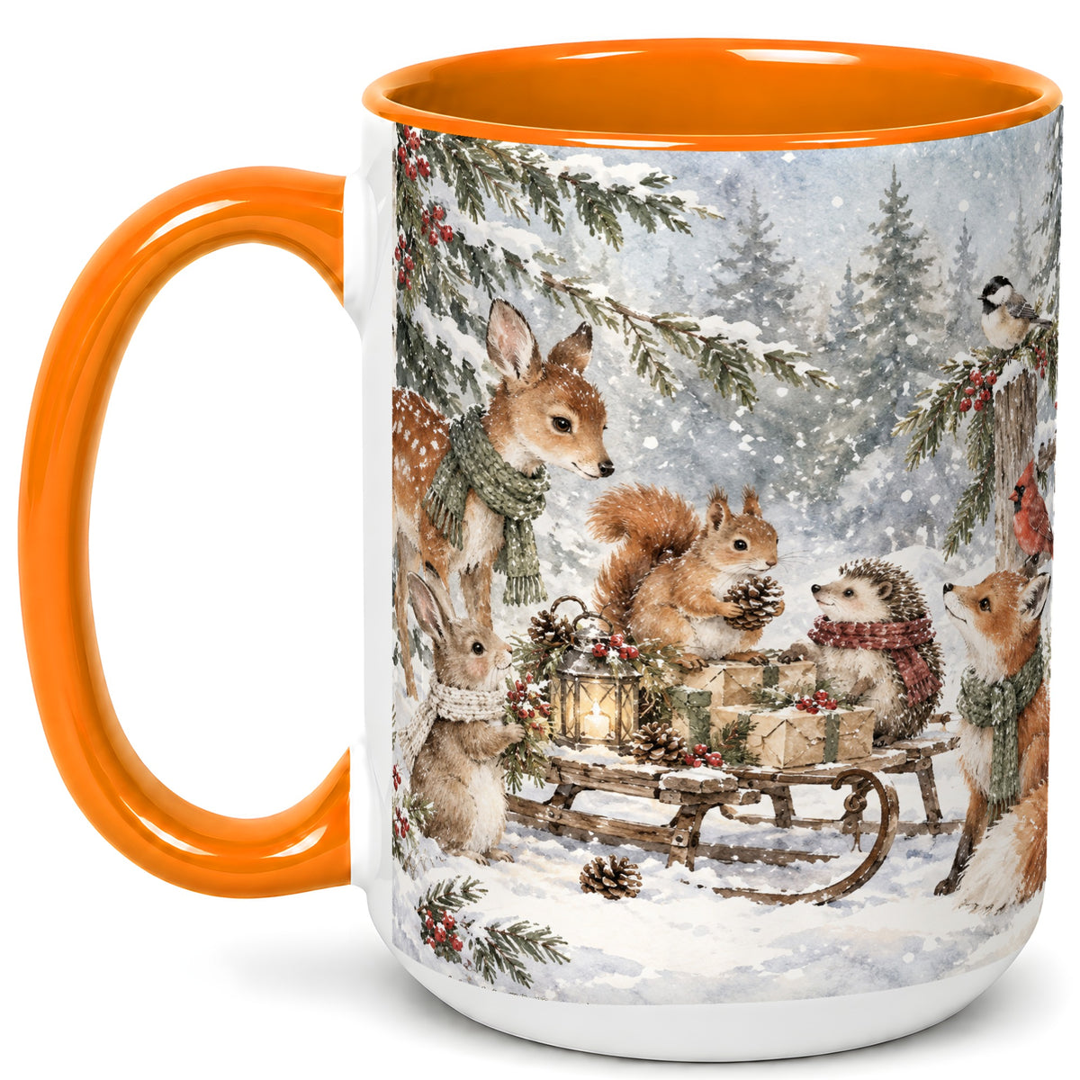 #pl[15oz|Orange] Woodland Winter Coffee Mug, Forest Animals Mug, Ceramic Cup