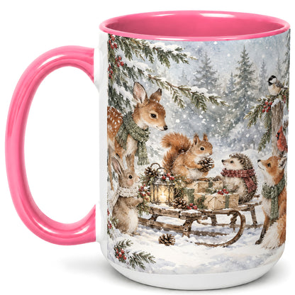 #pl[15oz|Pink] Woodland Winter Coffee Mug, Forest Animals Mug, Ceramic Cup