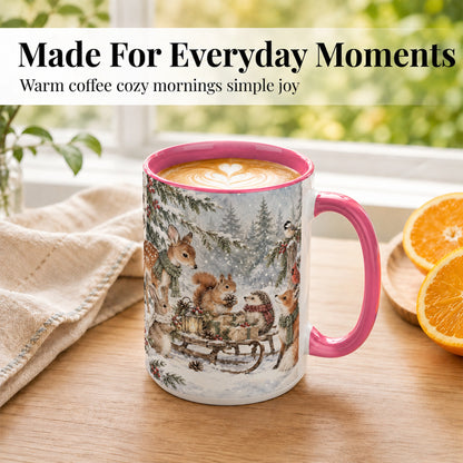 #pl[15oz|Pink] Woodland Winter Coffee Mug, Forest Animals Mug, Ceramic Cup