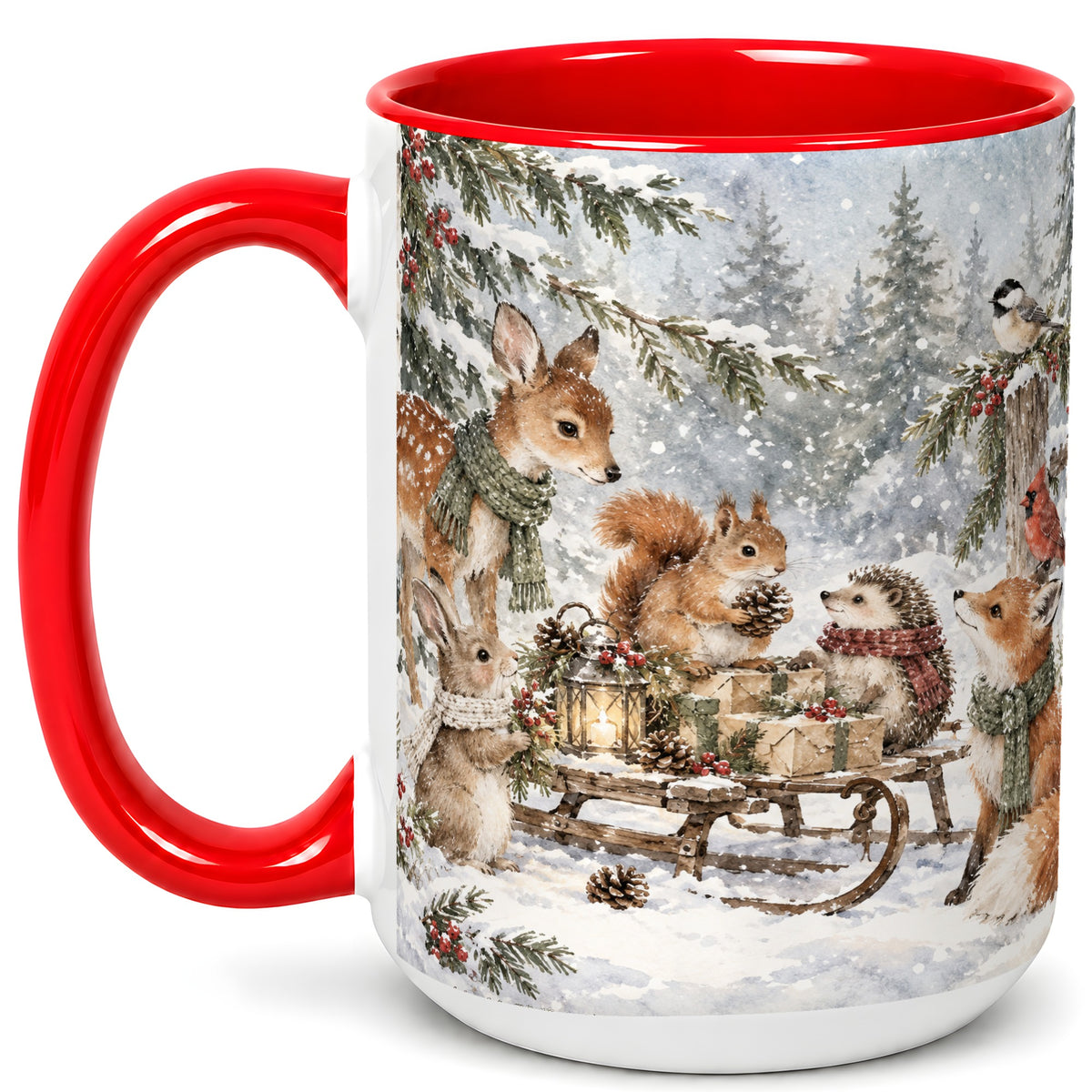 #pl[15oz|Red] Woodland Winter Coffee Mug, Forest Animals Mug, Ceramic Cup