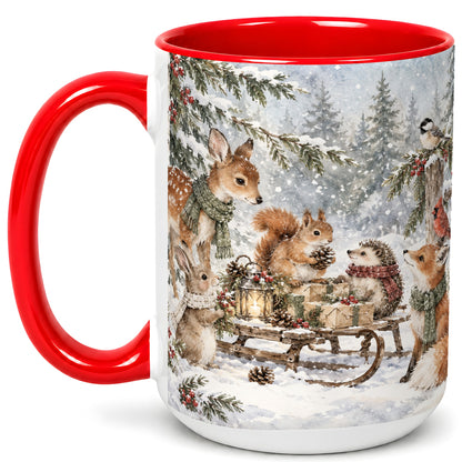 #pl[15oz|Red] Woodland Winter Coffee Mug, Forest Animals Mug, Ceramic Cup