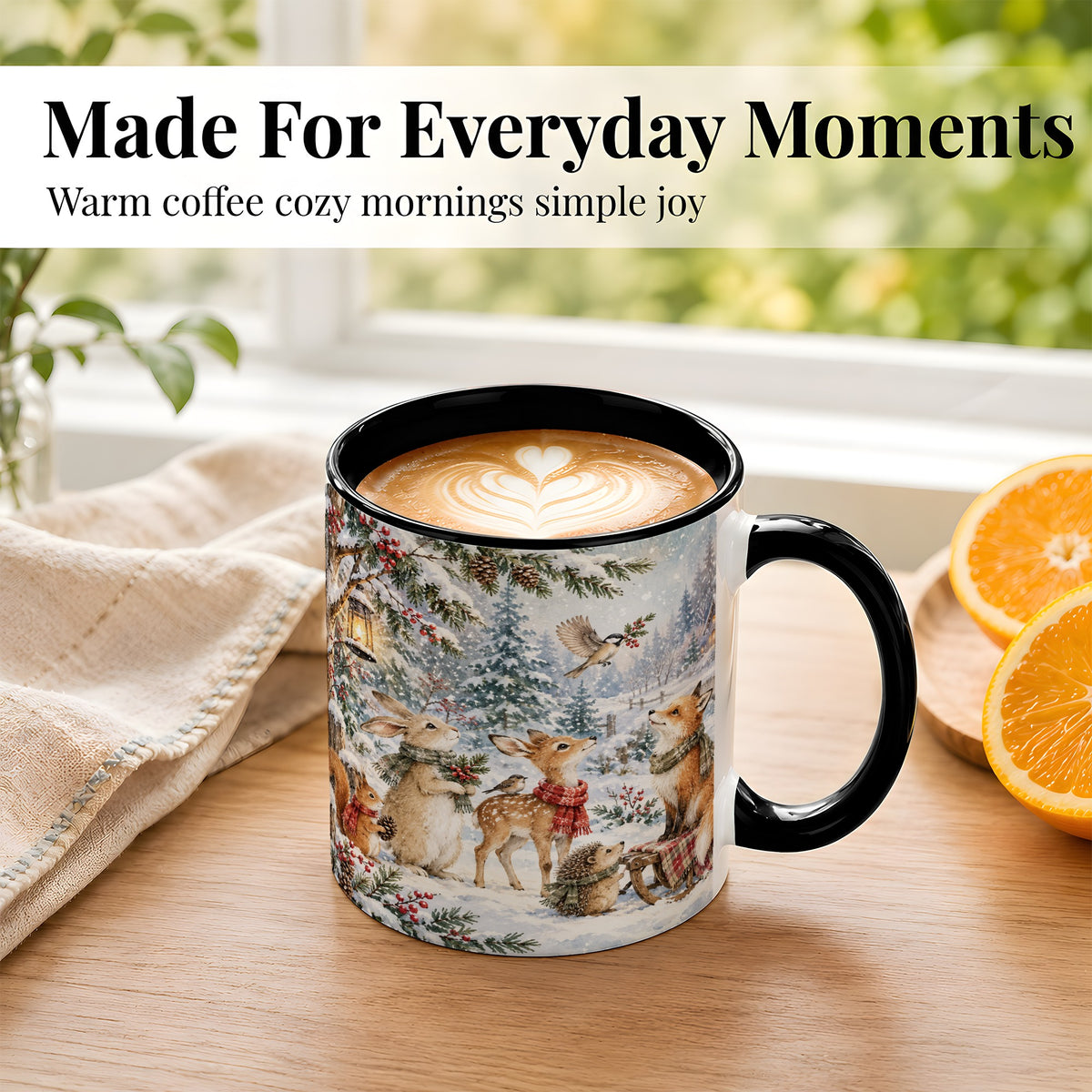 #pl[11oz|Black] Winter Woodland Coffee Mug, Forest Animals Mug, Ceramic Cup