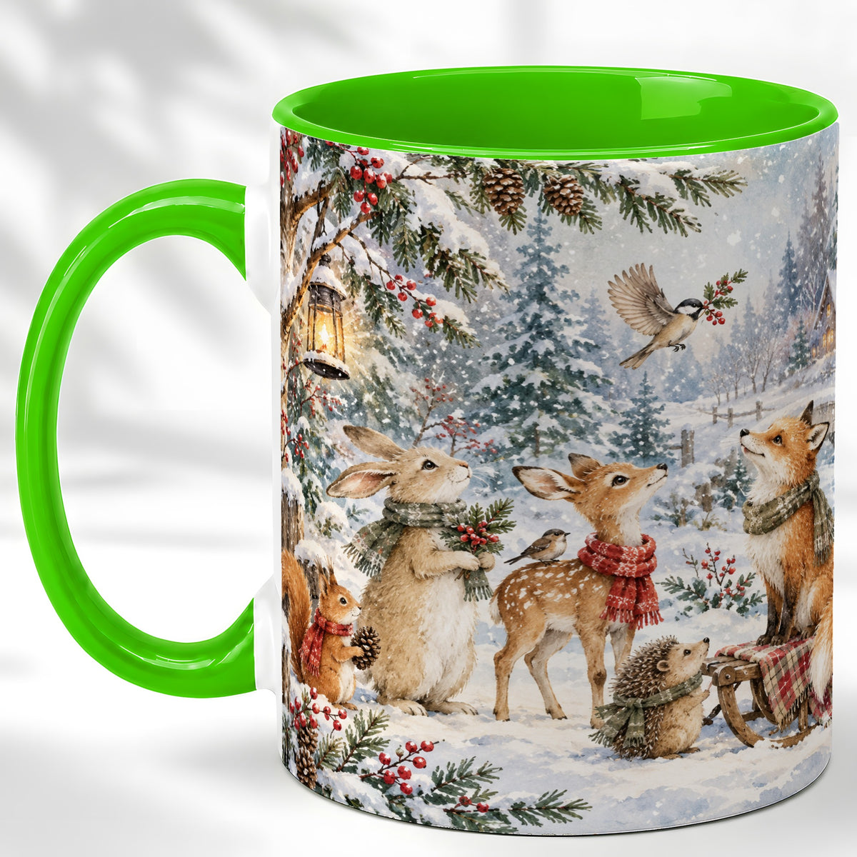 #pl[11oz|Green] Winter Woodland Coffee Mug, Forest Animals Mug, Ceramic Cup