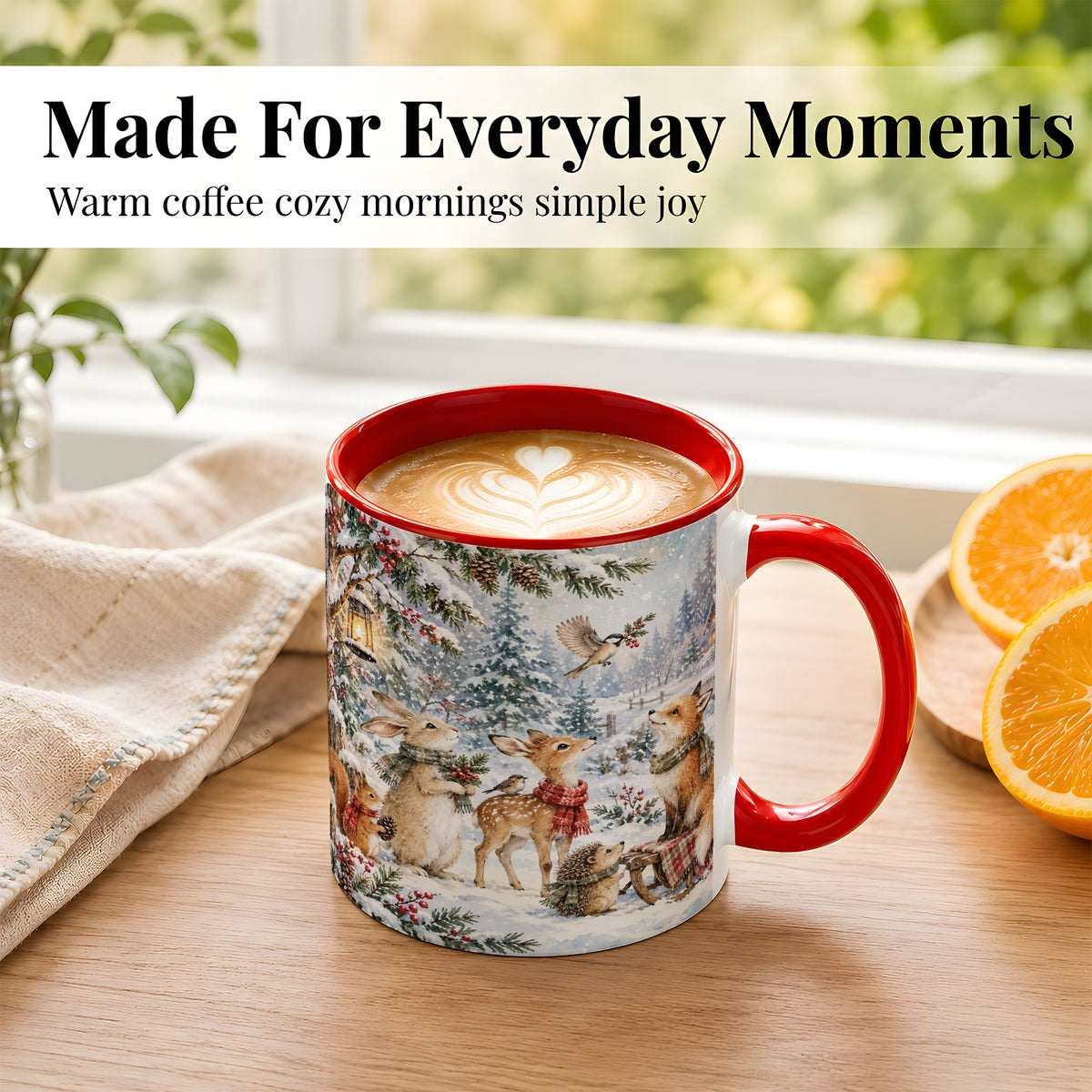 #pl[11oz|Red] Winter Woodland Coffee Mug, Forest Animals Mug, Ceramic Cup