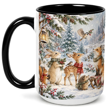 #pl[15oz|Black] Winter Woodland Coffee Mug, Forest Animals Mug, Ceramic Cup
