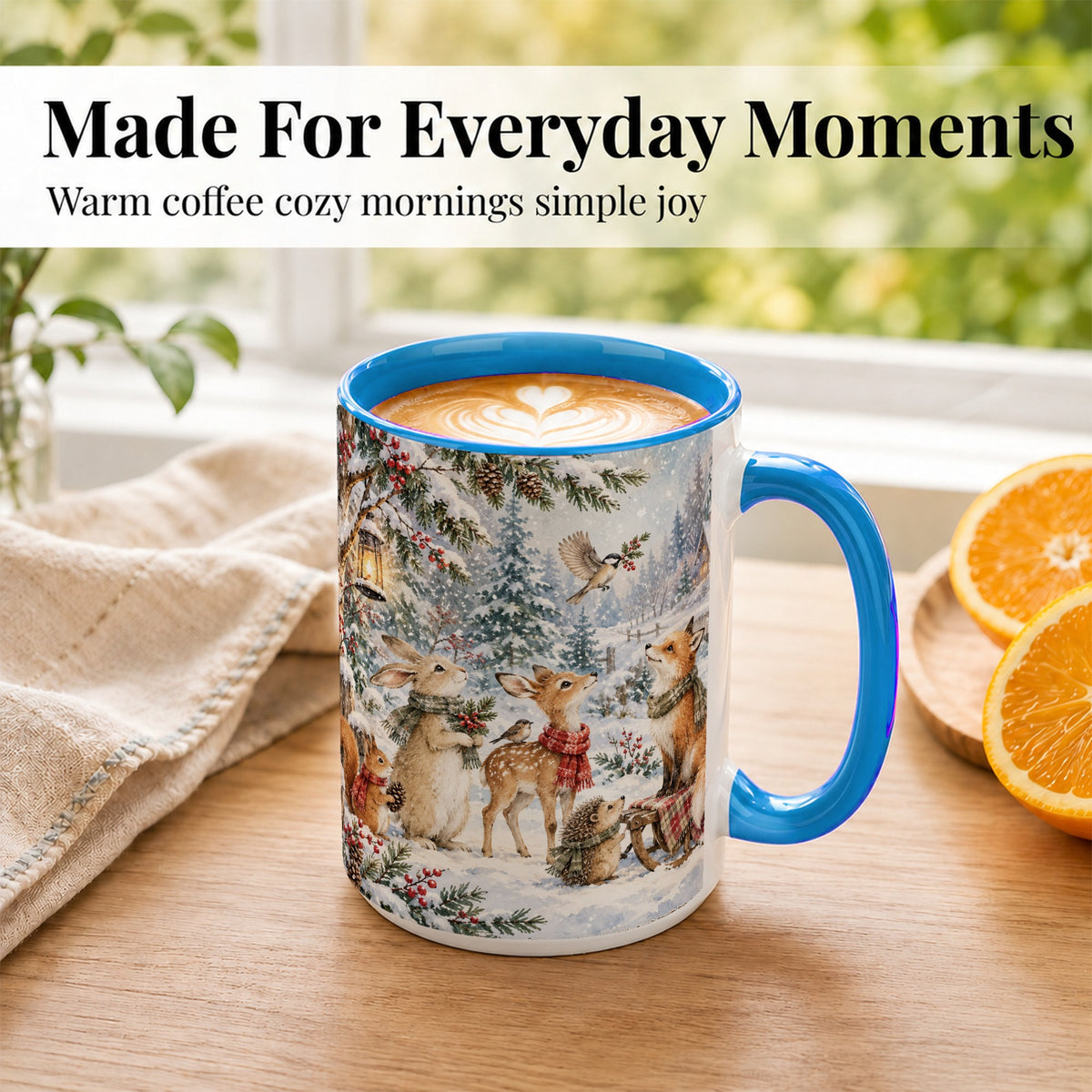 #pl[15oz|Blue] Winter Woodland Coffee Mug, Forest Animals Mug, Ceramic Cup
