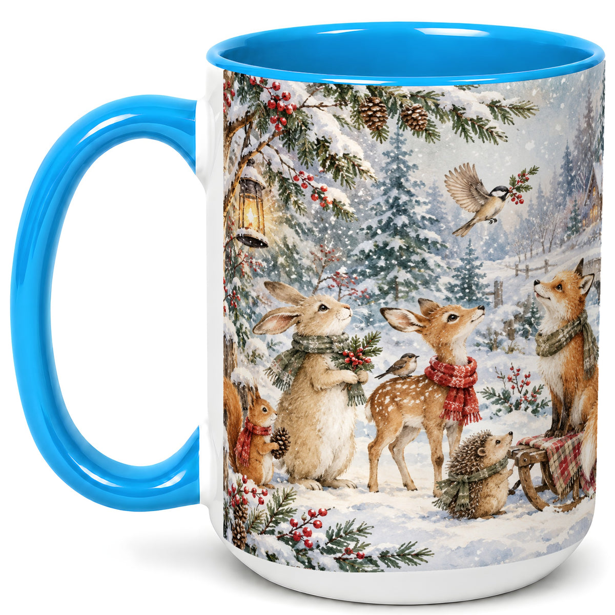 #pl[15oz|Blue] Winter Woodland Coffee Mug, Forest Animals Mug, Ceramic Cup