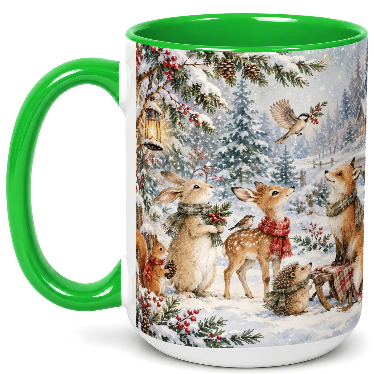 #pl[15oz|Green] Winter Woodland Coffee Mug, Forest Animals Mug, Ceramic Cup