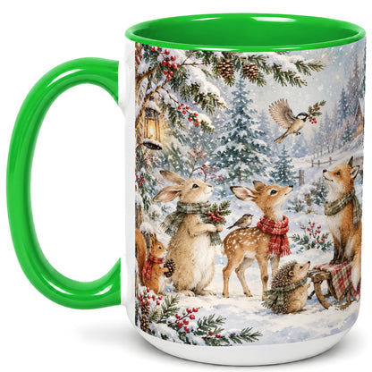 #pl[15oz|Green] Winter Woodland Coffee Mug, Forest Animals Mug, Ceramic Cup