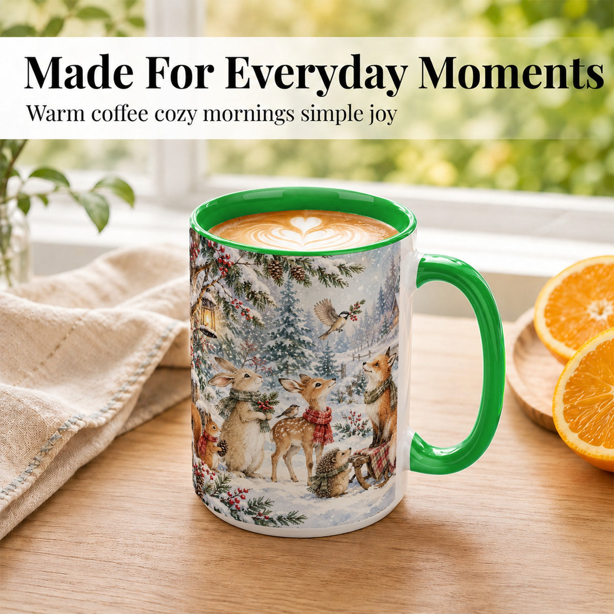 #pl[15oz|Green] Winter Woodland Coffee Mug, Forest Animals Mug, Ceramic Cup