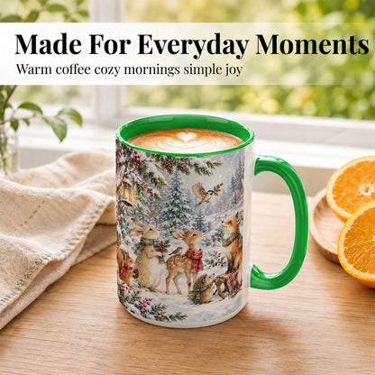 #pl[15oz|Green] Winter Woodland Coffee Mug, Forest Animals Mug, Ceramic Cup