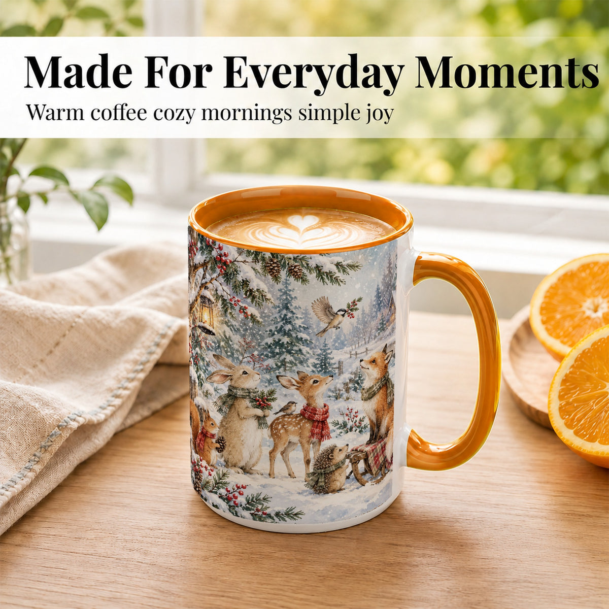 #pl[15oz|Orange] Winter Woodland Coffee Mug, Forest Animals Mug, Ceramic Cup