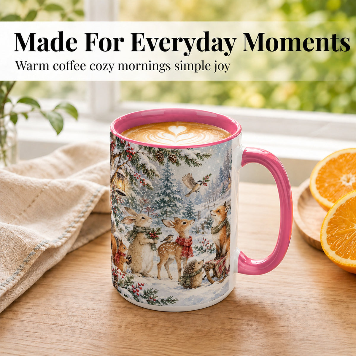 #pl[15oz|Pink] Winter Woodland Coffee Mug, Forest Animals Mug, Ceramic Cup