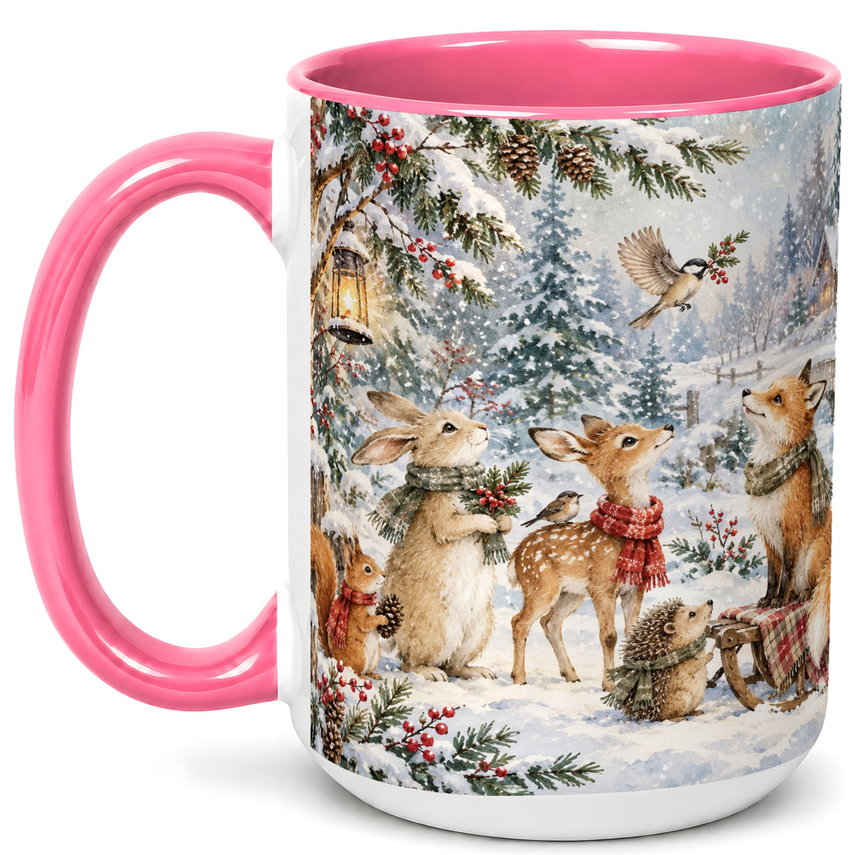 #pl[15oz|Pink] Winter Woodland Coffee Mug, Forest Animals Mug, Ceramic Cup