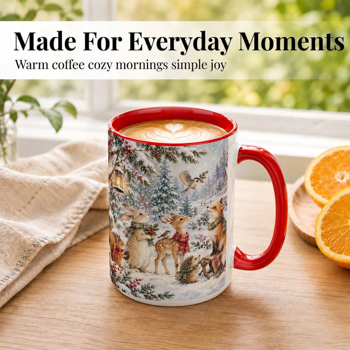 #pl[15oz|Red] Winter Woodland Coffee Mug, Forest Animals Mug, Ceramic Cup