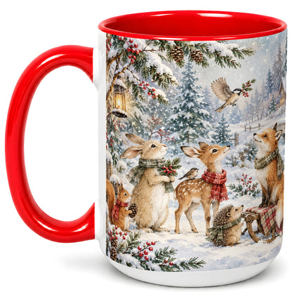 #pl[15oz|Red] Winter Woodland Coffee Mug, Forest Animals Mug, Ceramic Cup