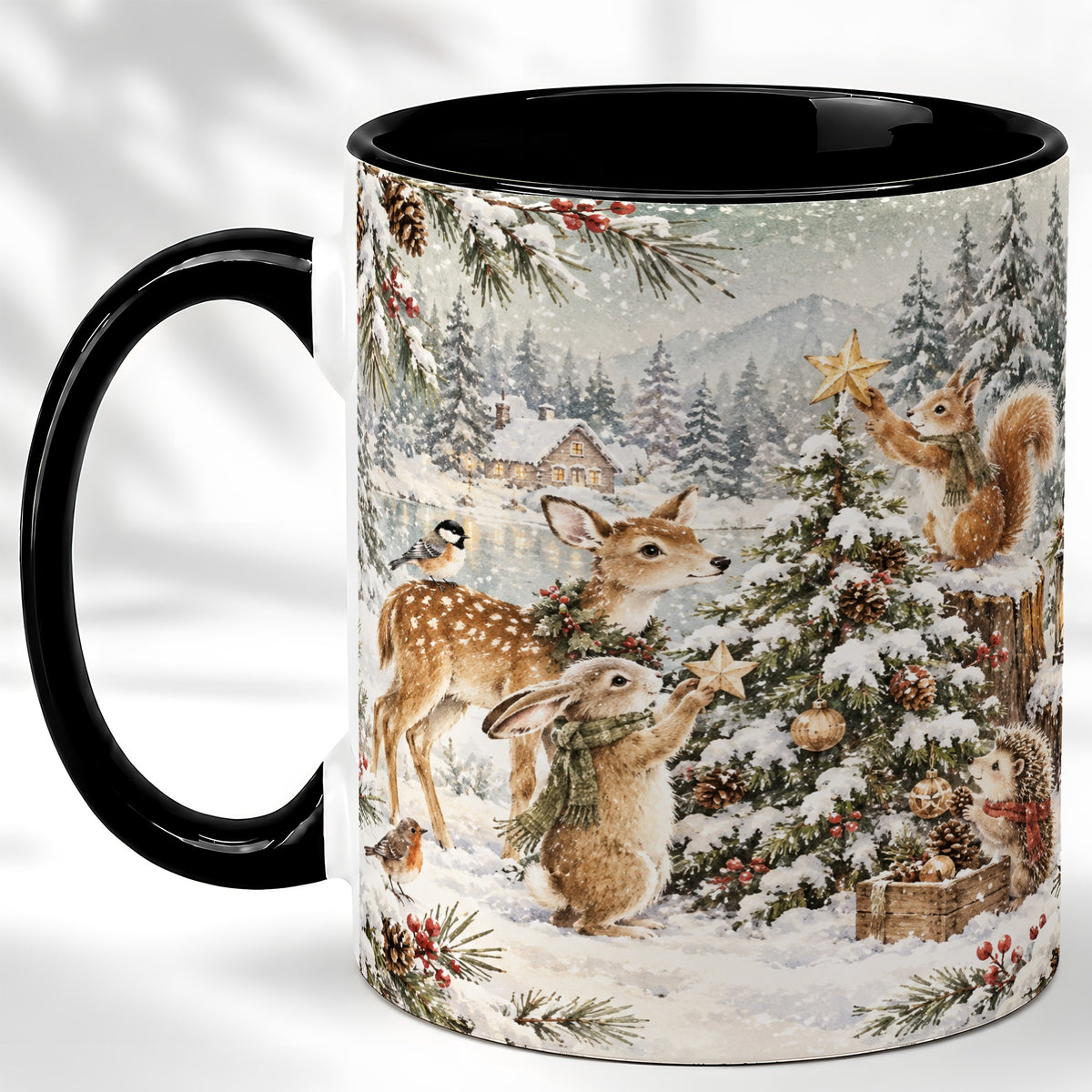 #pl[11oz|Black] Woodland Christmas Coffee Mug, Winter Animals Mug, Ceramic Cup