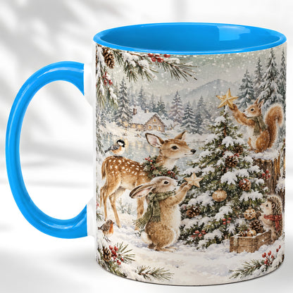 #pl[11oz|Blue] Woodland Christmas Coffee Mug, Winter Animals Mug, Ceramic Cup