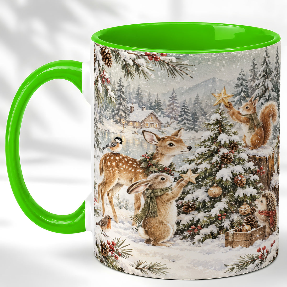 #pl[11oz|Green] Woodland Christmas Coffee Mug, Winter Animals Mug, Ceramic Cup