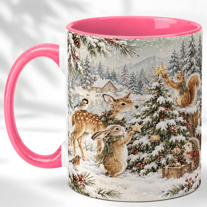 #pl[11oz|Pink] Woodland Christmas Coffee Mug, Winter Animals Mug, Ceramic Cup