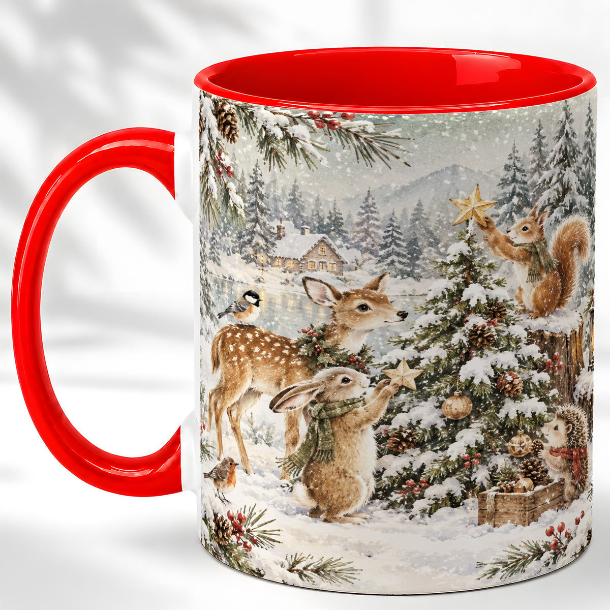 Woodland Christmas Coffee Mug, Winter Animals Mug, Ceramic Cup