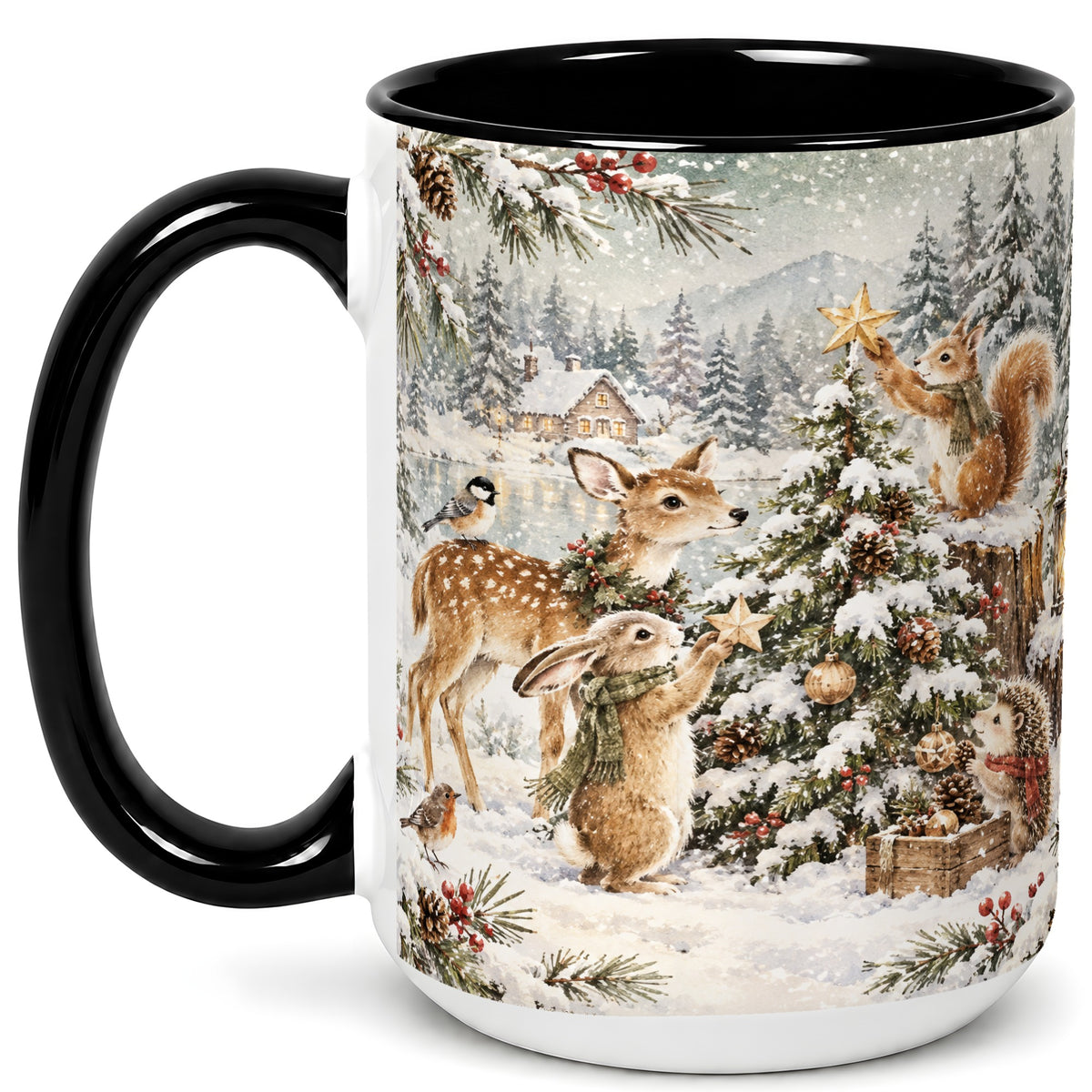 #pl[15oz|Black] Woodland Christmas Coffee Mug, Winter Animals Mug, Ceramic Cup