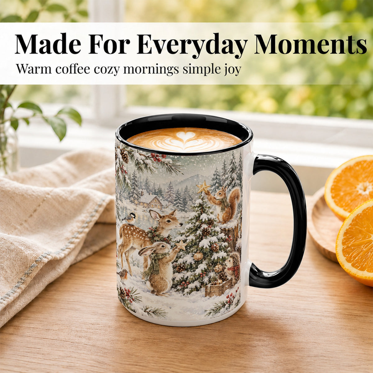 #pl[15oz|Black] Woodland Christmas Coffee Mug, Winter Animals Mug, Ceramic Cup