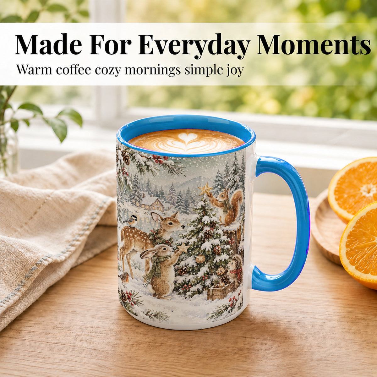 #pl[15oz|Blue] Woodland Christmas Coffee Mug, Winter Animals Mug, Ceramic Cup