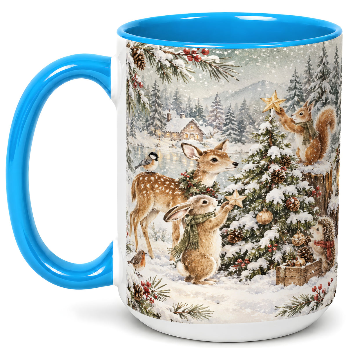 #pl[15oz|Blue] Woodland Christmas Coffee Mug, Winter Animals Mug, Ceramic Cup