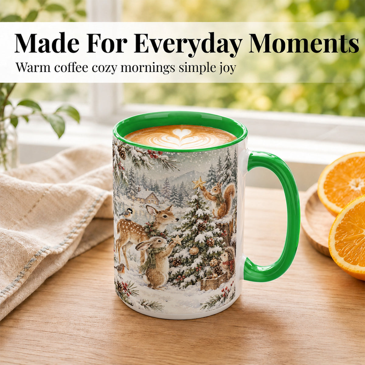 #pl[15oz|Green] Woodland Christmas Coffee Mug, Winter Animals Mug, Ceramic Cup