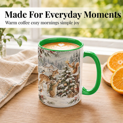 #pl[15oz|Green] Woodland Christmas Coffee Mug, Winter Animals Mug, Ceramic Cup
