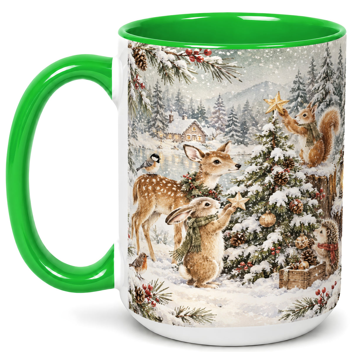 #pl[15oz|Green] Woodland Christmas Coffee Mug, Winter Animals Mug, Ceramic Cup