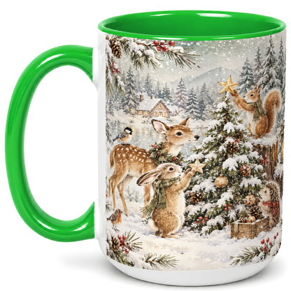 #pl[15oz|Green] Woodland Christmas Coffee Mug, Winter Animals Mug, Ceramic Cup