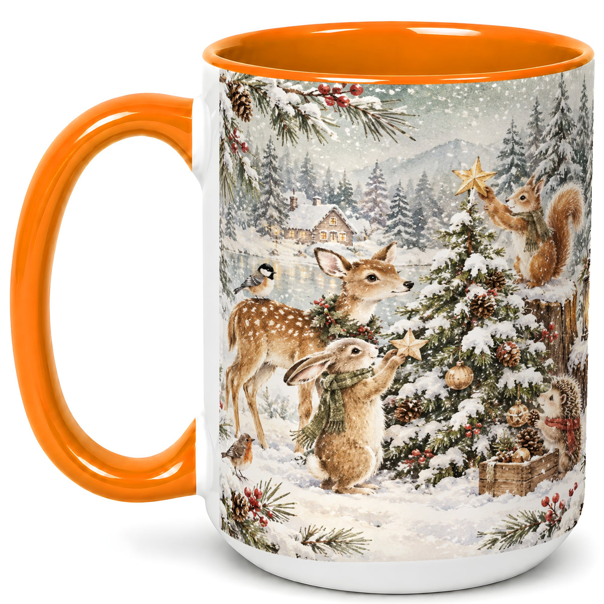 #pl[15oz|Orange] Woodland Christmas Coffee Mug, Winter Animals Mug, Ceramic Cup