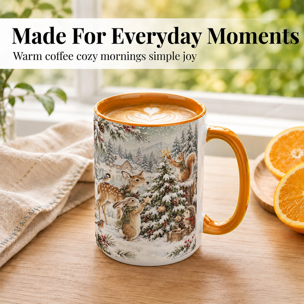 #pl[15oz|Orange] Woodland Christmas Coffee Mug, Winter Animals Mug, Ceramic Cup
