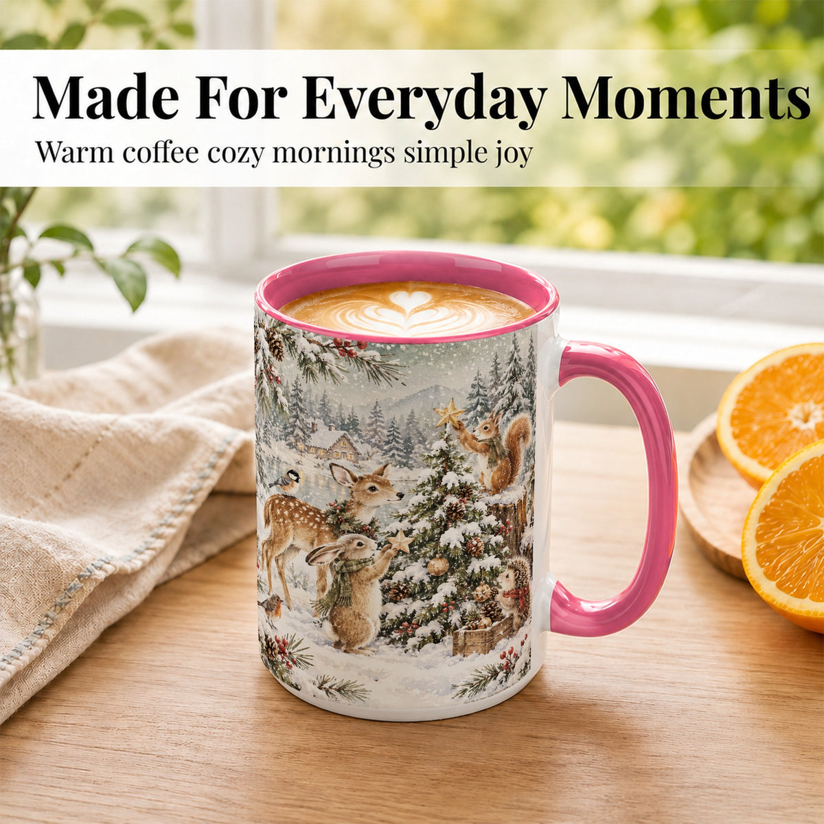 #pl[15oz|Pink] Woodland Christmas Coffee Mug, Winter Animals Mug, Ceramic Cup