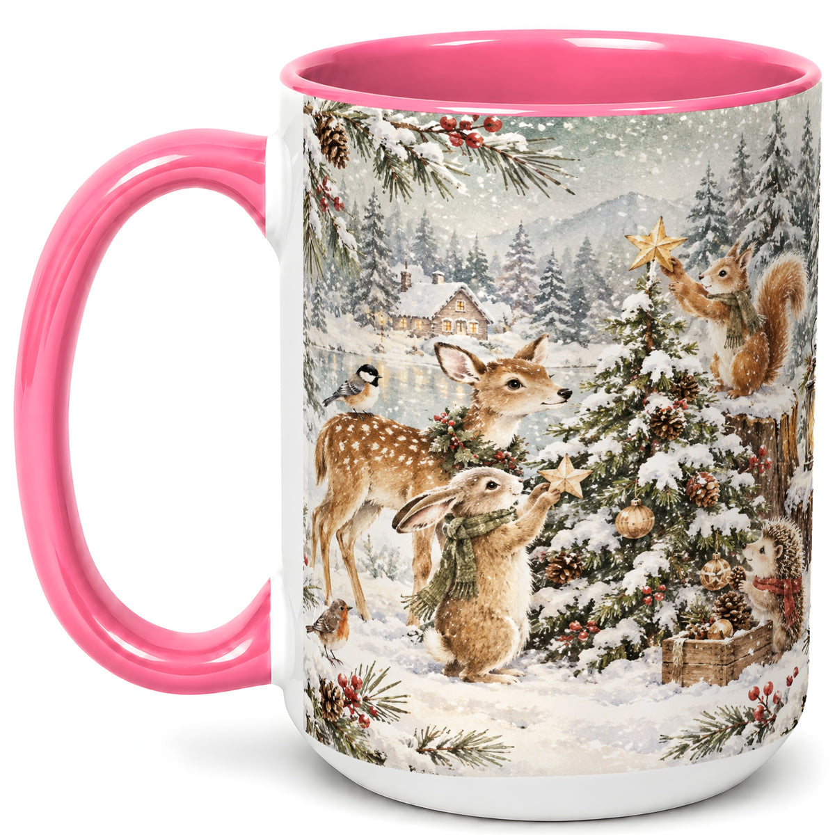 #pl[15oz|Pink] Woodland Christmas Coffee Mug, Winter Animals Mug, Ceramic Cup