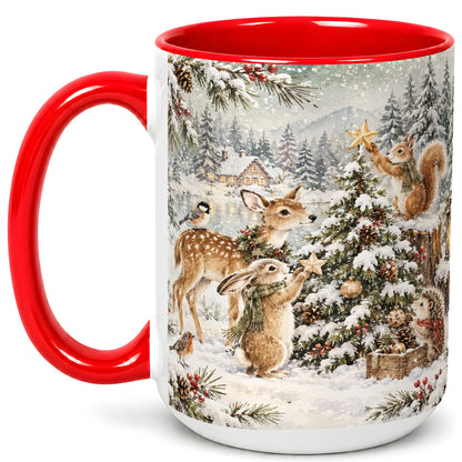 #pl[15oz|Red] Woodland Christmas Coffee Mug, Winter Animals Mug, Ceramic Cup
