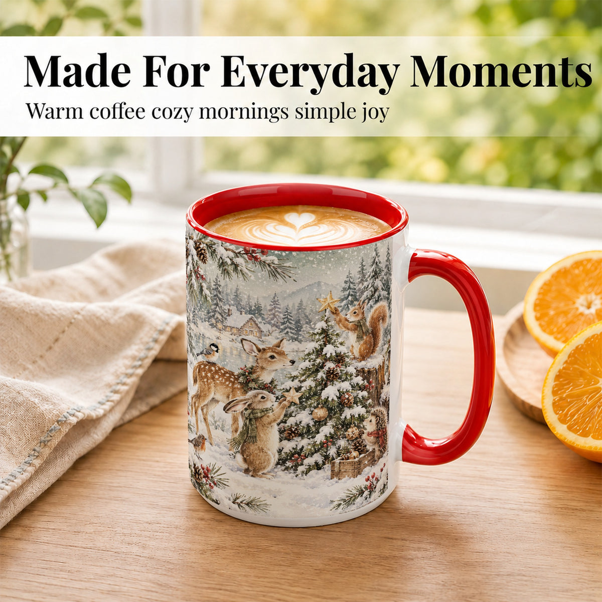 #pl[15oz|Red] Woodland Christmas Coffee Mug, Winter Animals Mug, Ceramic Cup