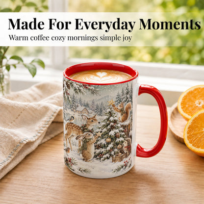 #pl[15oz|Red] Woodland Christmas Coffee Mug, Winter Animals Mug, Ceramic Cup
