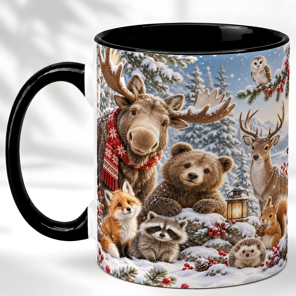 #pl[11oz|Black] Winter Wildlife Coffee Mug, Forest Animals Mug, Ceramic Cup