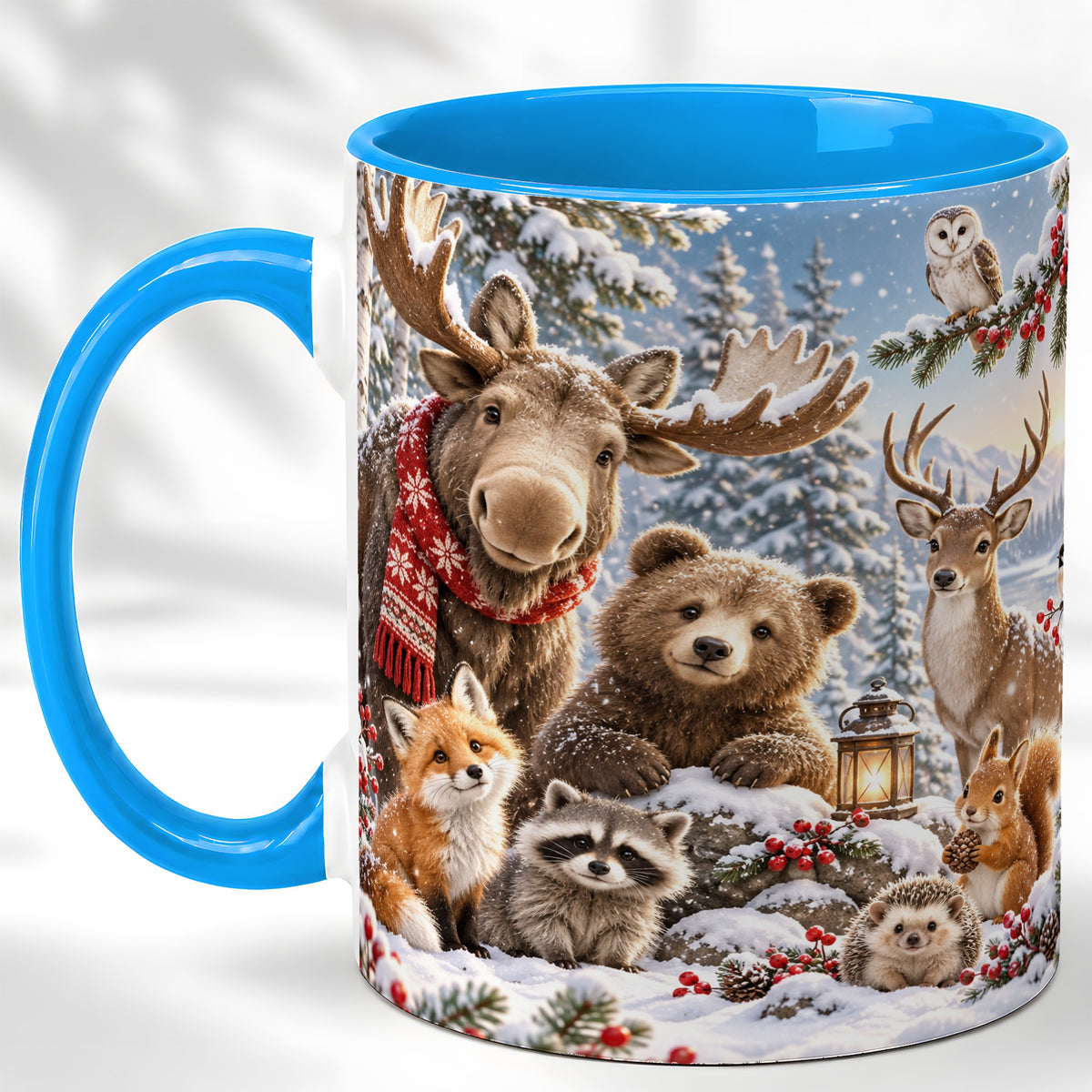 #pl[11oz|Blue] Winter Wildlife Coffee Mug, Forest Animals Mug, Ceramic Cup