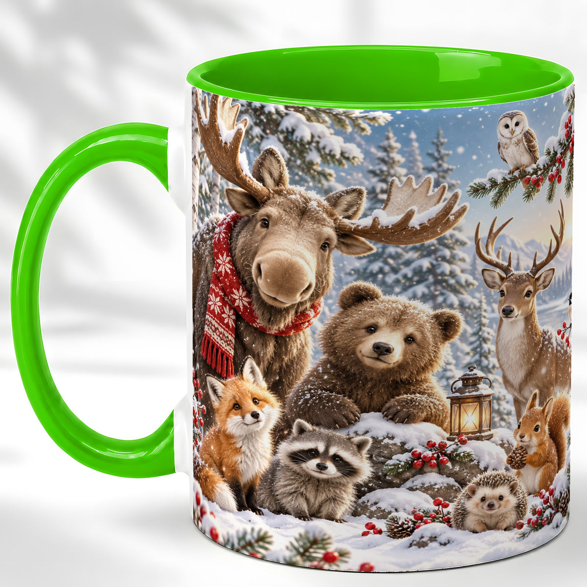 #pl[11oz|Green] Winter Wildlife Coffee Mug, Forest Animals Mug, Ceramic Cup