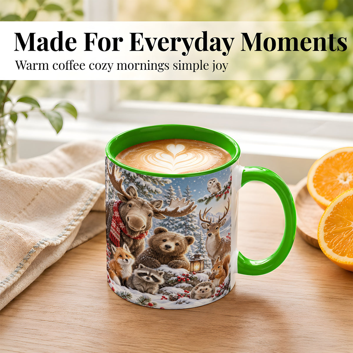 #pl[11oz|Green] Winter Wildlife Coffee Mug, Forest Animals Mug, Ceramic Cup