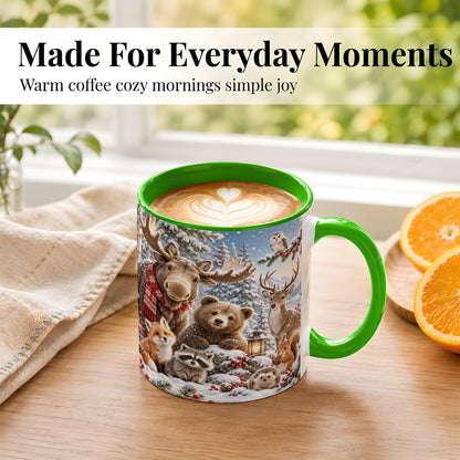 #pl[11oz|Green] Winter Wildlife Coffee Mug, Forest Animals Mug, Ceramic Cup