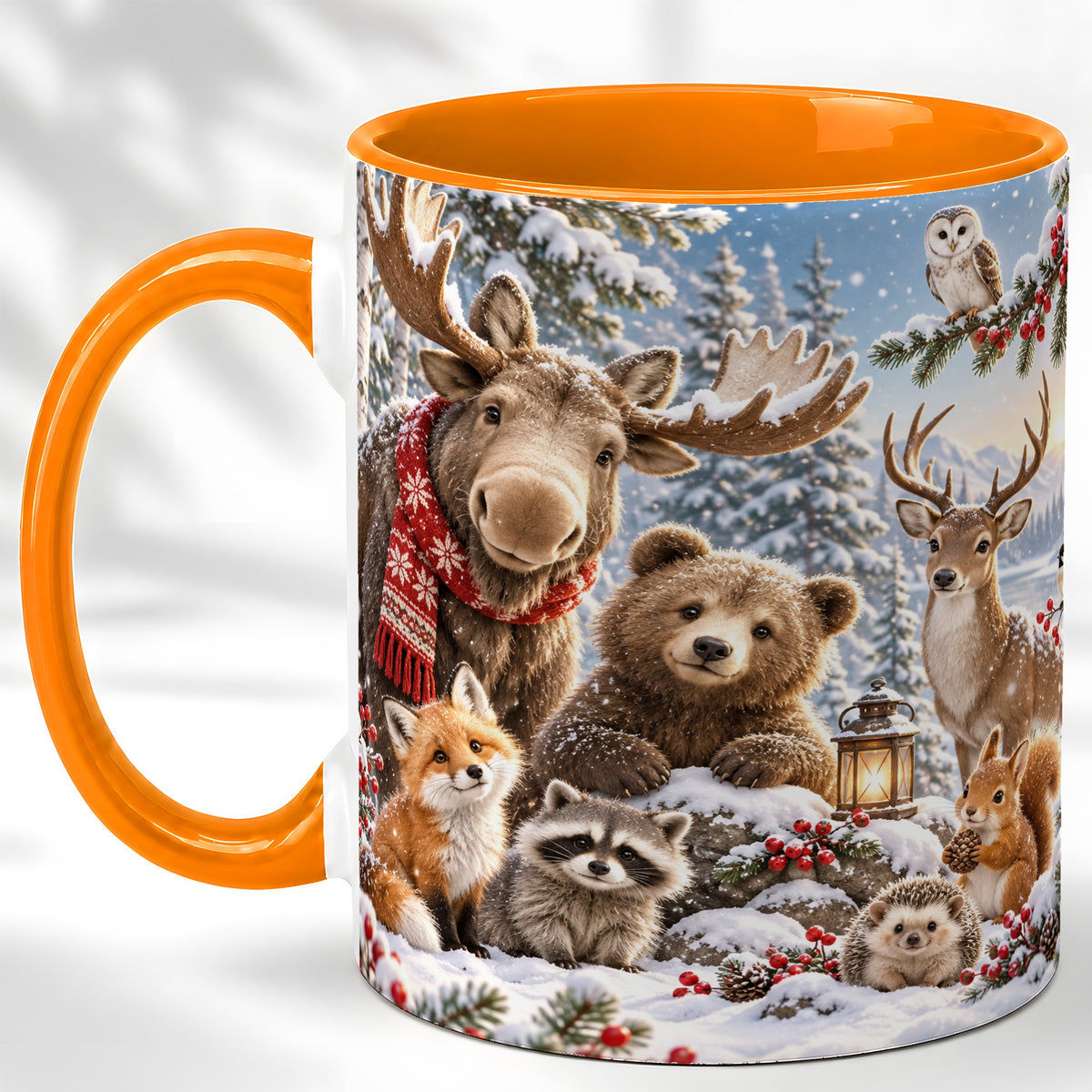 #pl[11oz|Orange] Winter Wildlife Coffee Mug, Forest Animals Mug, Ceramic Cup
