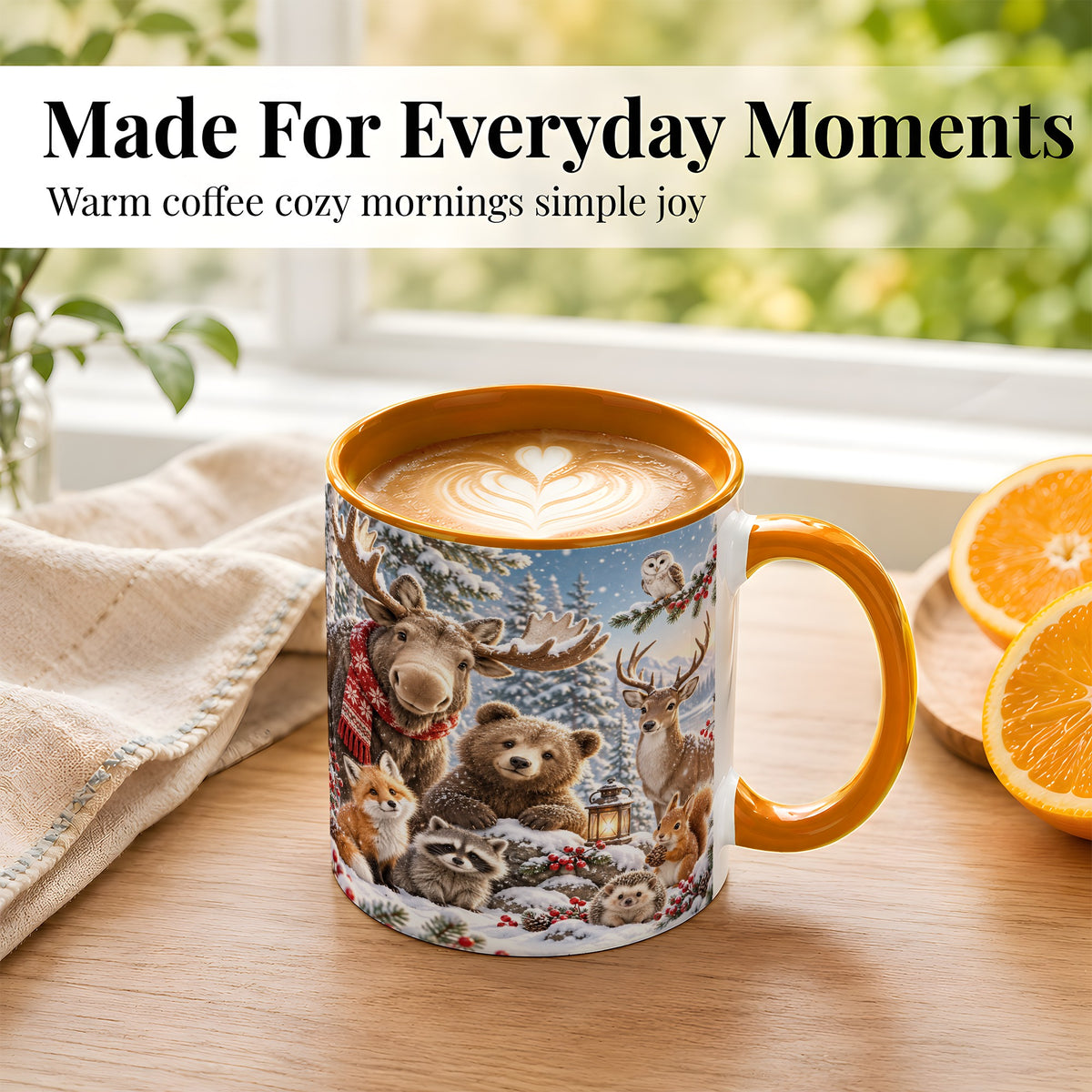 #pl[11oz|Orange] Winter Wildlife Coffee Mug, Forest Animals Mug, Ceramic Cup